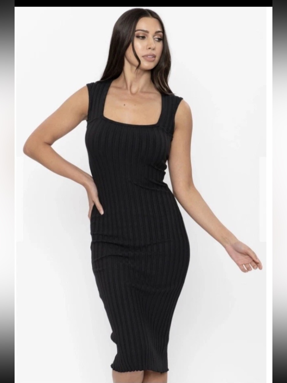 SIMON MILLER RIB Black Square Neck Ribbed Bodycon Midi Dress S